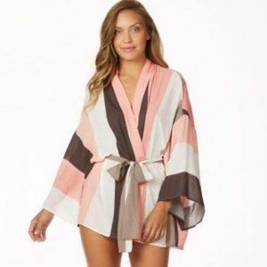 Radio Fiji Chita Kimono Small S Pink Brown Striped Swim Coverup Tie Front New